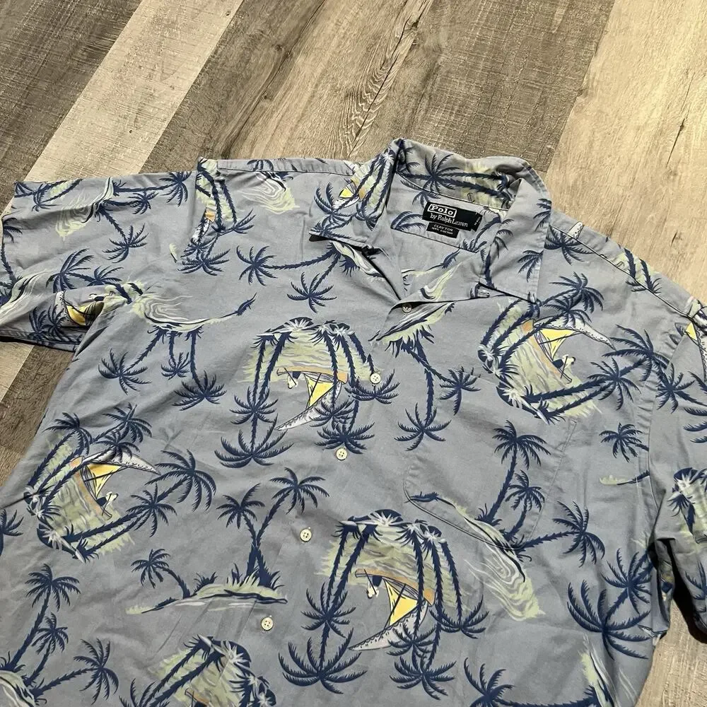 VTG Polo Ralph Lauren 90s Clayton Sailing Hawaiian Canoe Loop Collar Camp Shirt